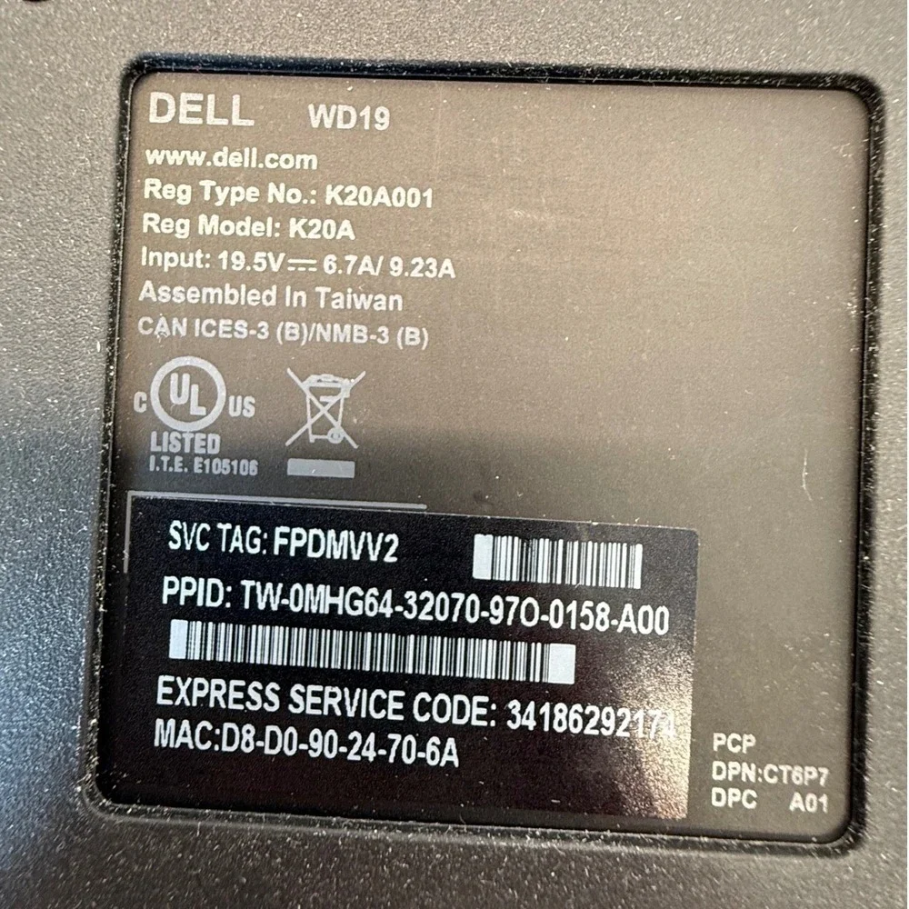 Dell WD19 Docking Station USB-C K20A Thunderbolt Laptop Hub Dual Display Port